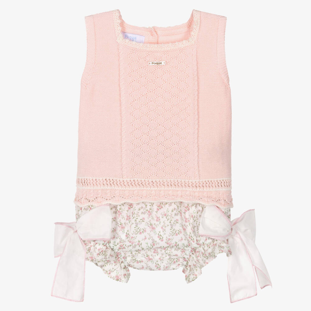 Foque-Baby Girls Pink Floral Cotton Shorts Set with Bows | Childrensalon