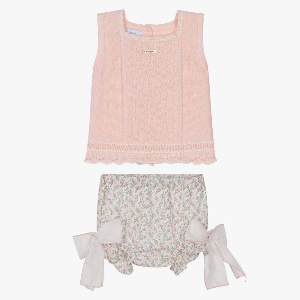 Foque-Baby Girls Pink Floral Cotton Shorts Set with Bows | Childrensalon