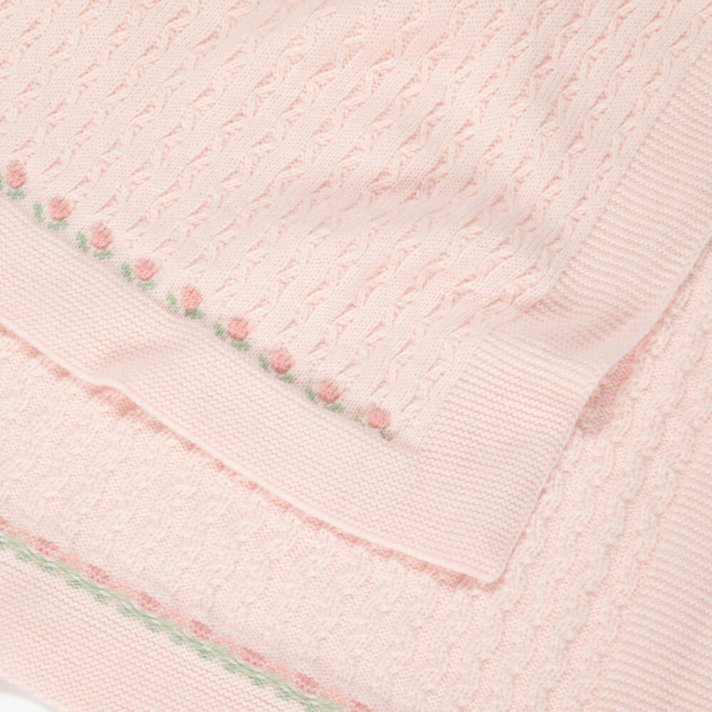 Foque-Baby Girls Pink Knitted Blanket with Floral Borders (100cm) | Childrensalon
