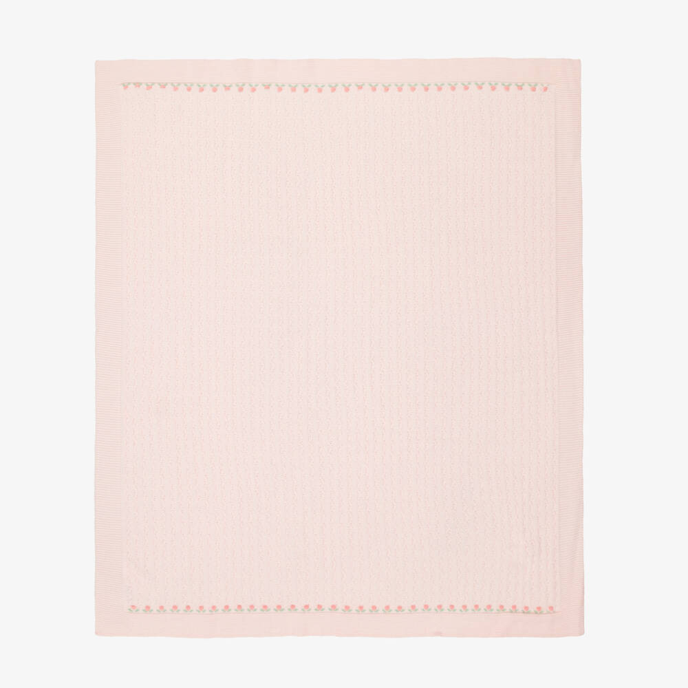 Foque-Baby Girls Pink Knitted Blanket with Floral Borders (100cm) | Childrensalon