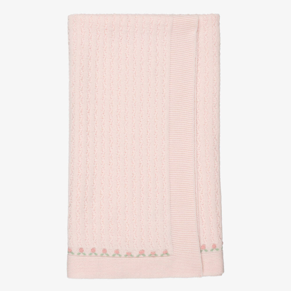 Foque-Baby Girls Pink Knitted Blanket with Floral Borders (100cm) | Childrensalon