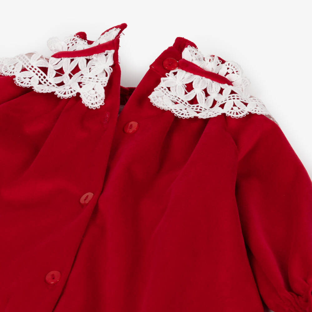 Foque-Baby Girls Red Velvet Dress with White Lace Collar | Childrensalon