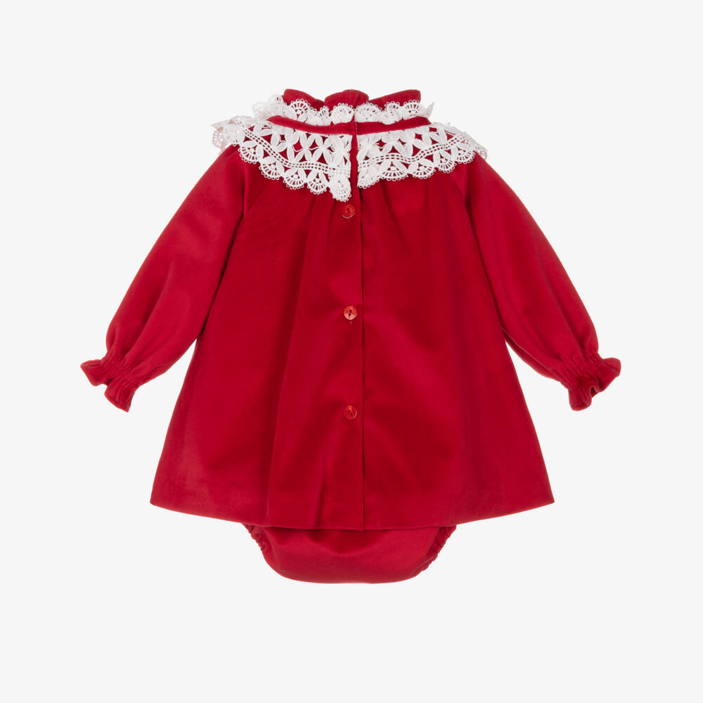 Foque-Baby Girls Red Velvet Dress with White Lace Collar | Childrensalon