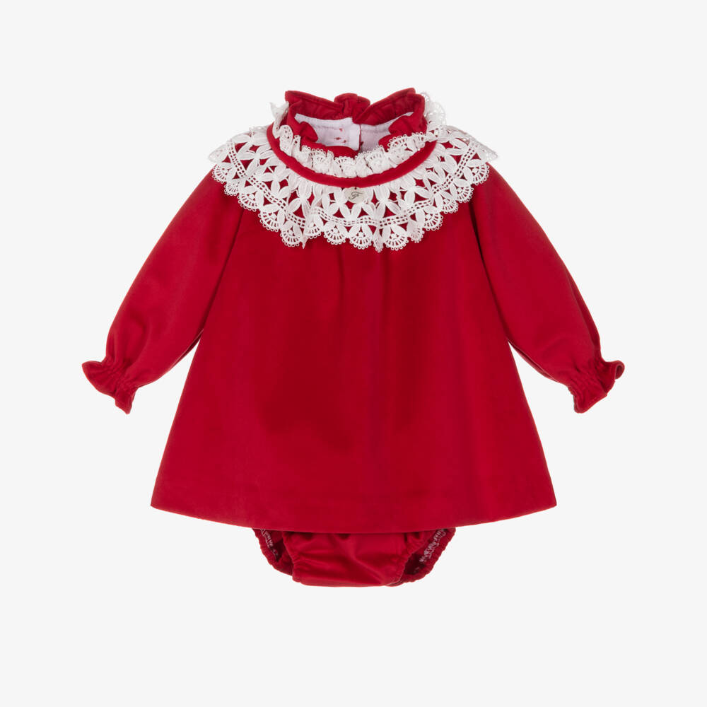 Foque-Baby Girls Red Velvet Dress with White Lace Collar | Childrensalon