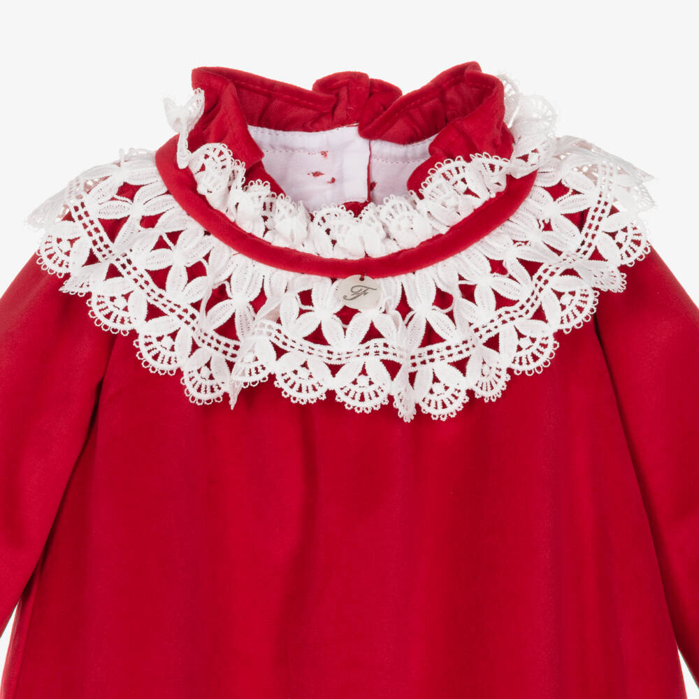 Foque-Baby Girls Red Velvet Dress with White Lace Collar | Childrensalon