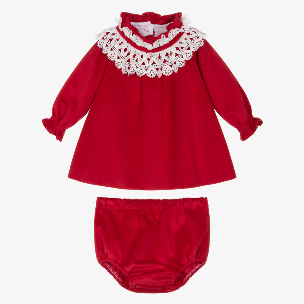 Foque-Baby Girls Red Velvet Dress with White Lace Collar | Childrensalon