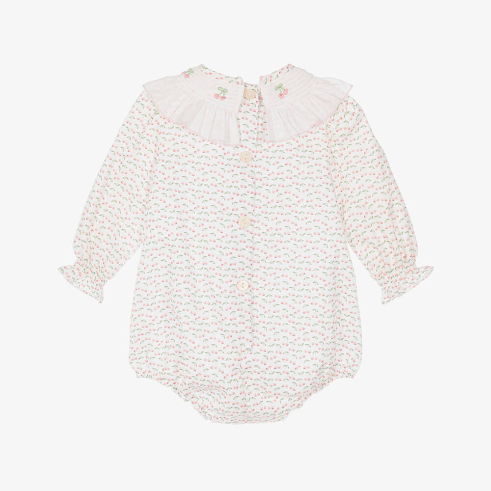 Foque-Baby Girls White Cotton Shortie with Pink Cherry Print | Childrensalon