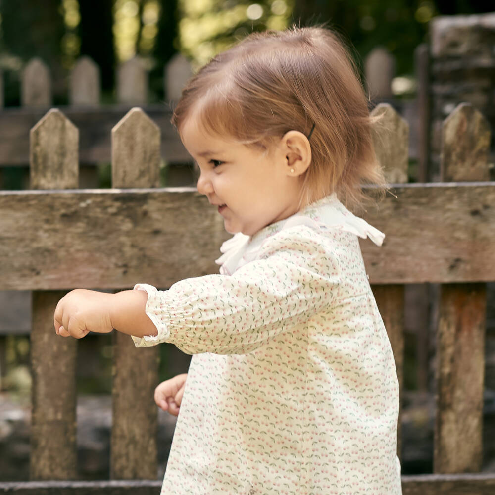 Foque-Baby Girls White Cotton Shortie with Pink Cherry Print | Childrensalon