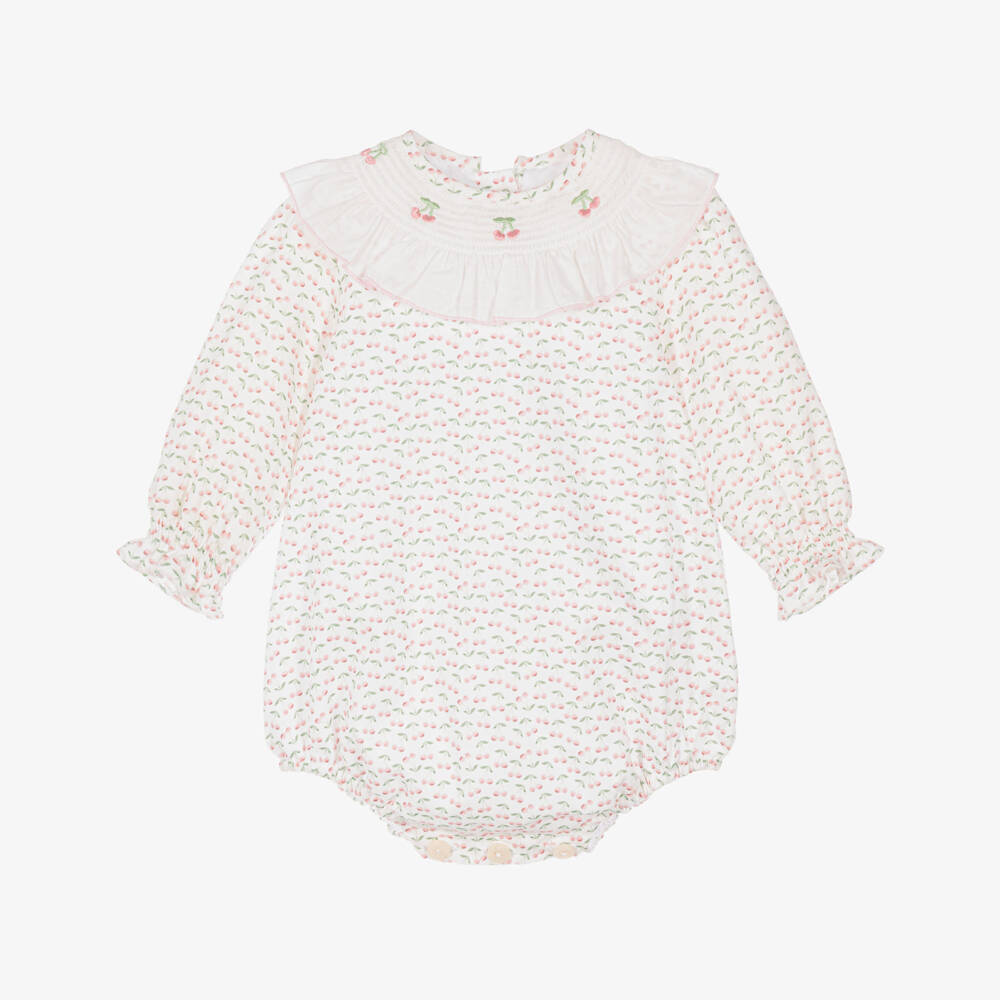 Foque-Baby Girls White Cotton Shortie with Pink Cherry Print | Childrensalon