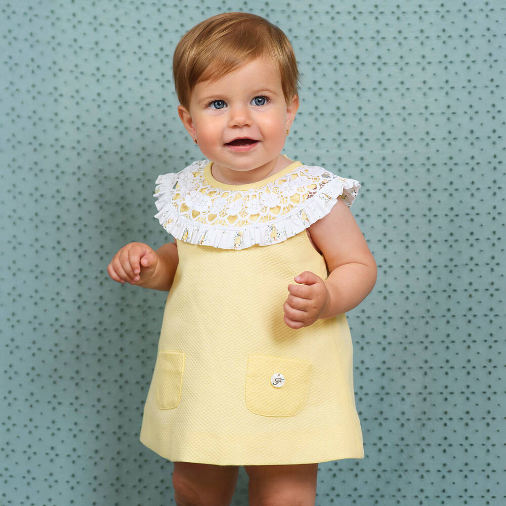 Foque-Baby Girls Yellow Cotton Dress with Lace Trim | Childrensalon
