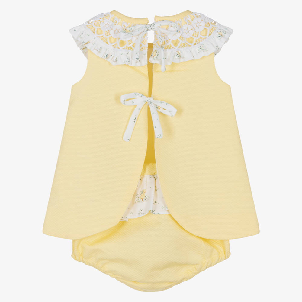 Foque-Baby Girls Yellow Cotton Dress with Lace Trim | Childrensalon