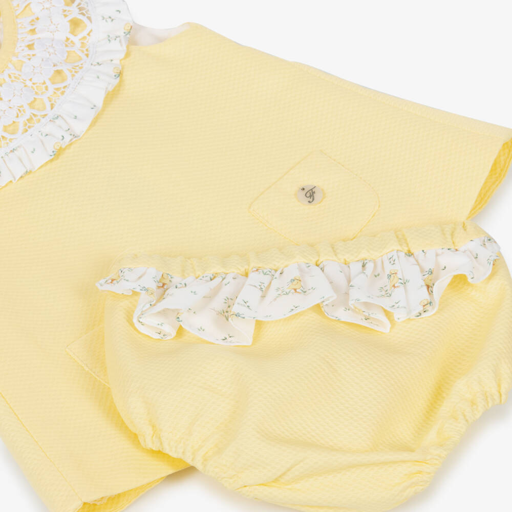 Foque-Baby Girls Yellow Cotton Dress with Lace Trim | Childrensalon