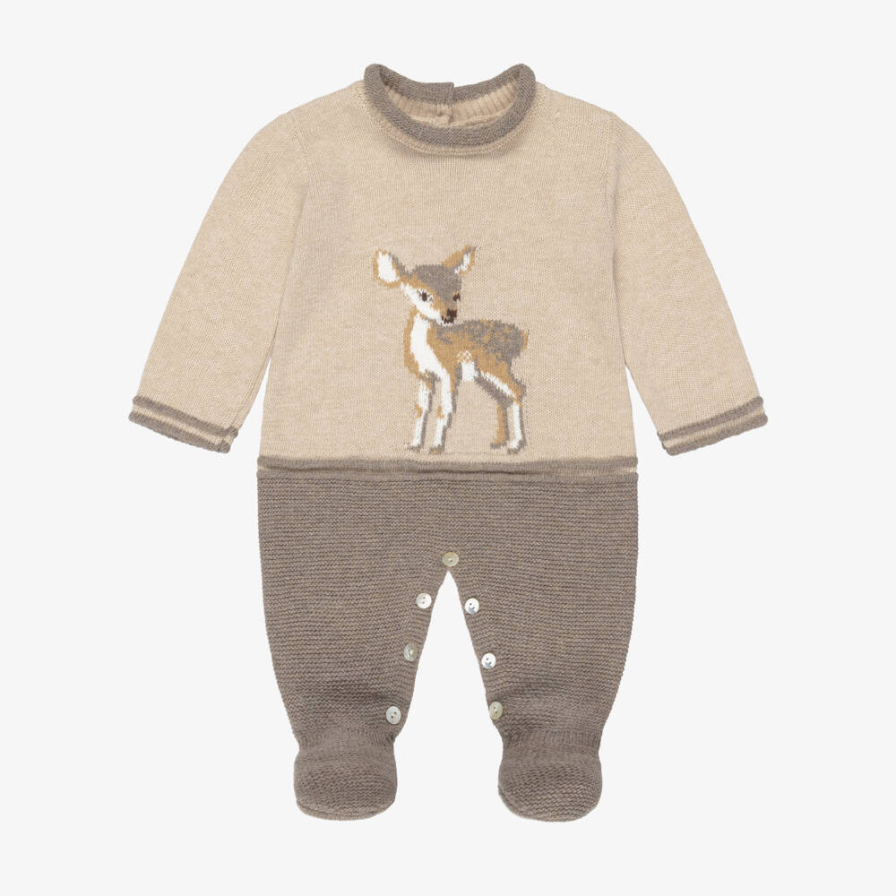 Foque-Beige & Taupe Knitted Babygrow with Deer Motif | Childrensalon