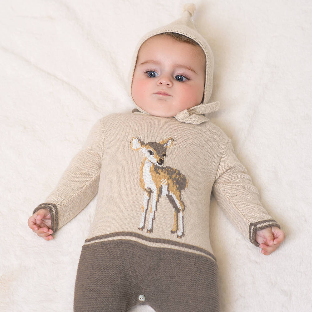 Foque-Beige & Taupe Knitted Babygrow with Deer Motif | Childrensalon