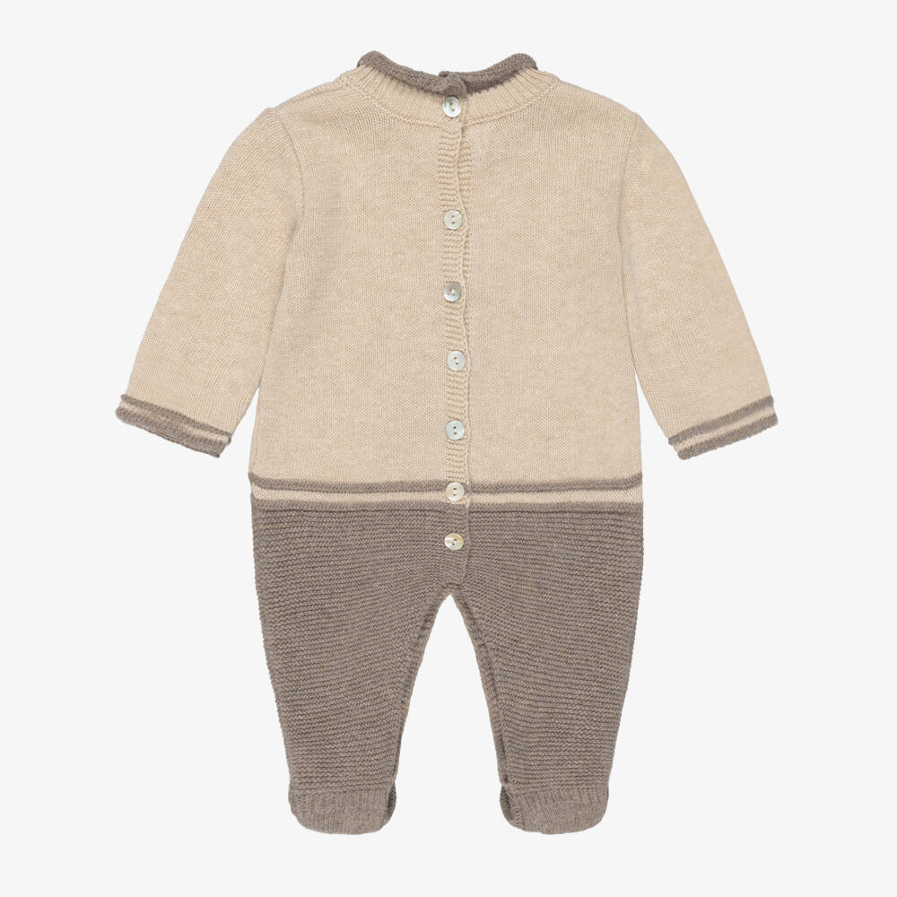 Foque-Beige & Taupe Knitted Babygrow with Deer Motif | Childrensalon