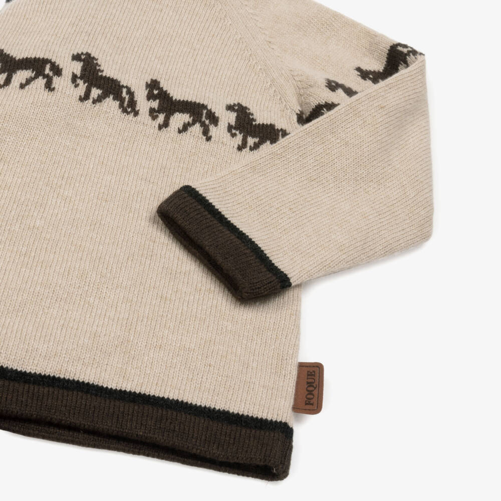 Foque-Beige Wool & Cashmere Knit Pony Sweater | Childrensalon