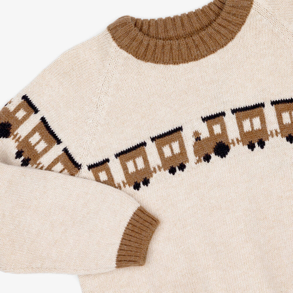 Foque-Boys Beige & Brown Knitted Train Sweater | Childrensalon