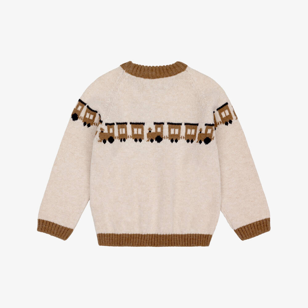 Foque-Boys Beige & Brown Knitted Train Sweater | Childrensalon
