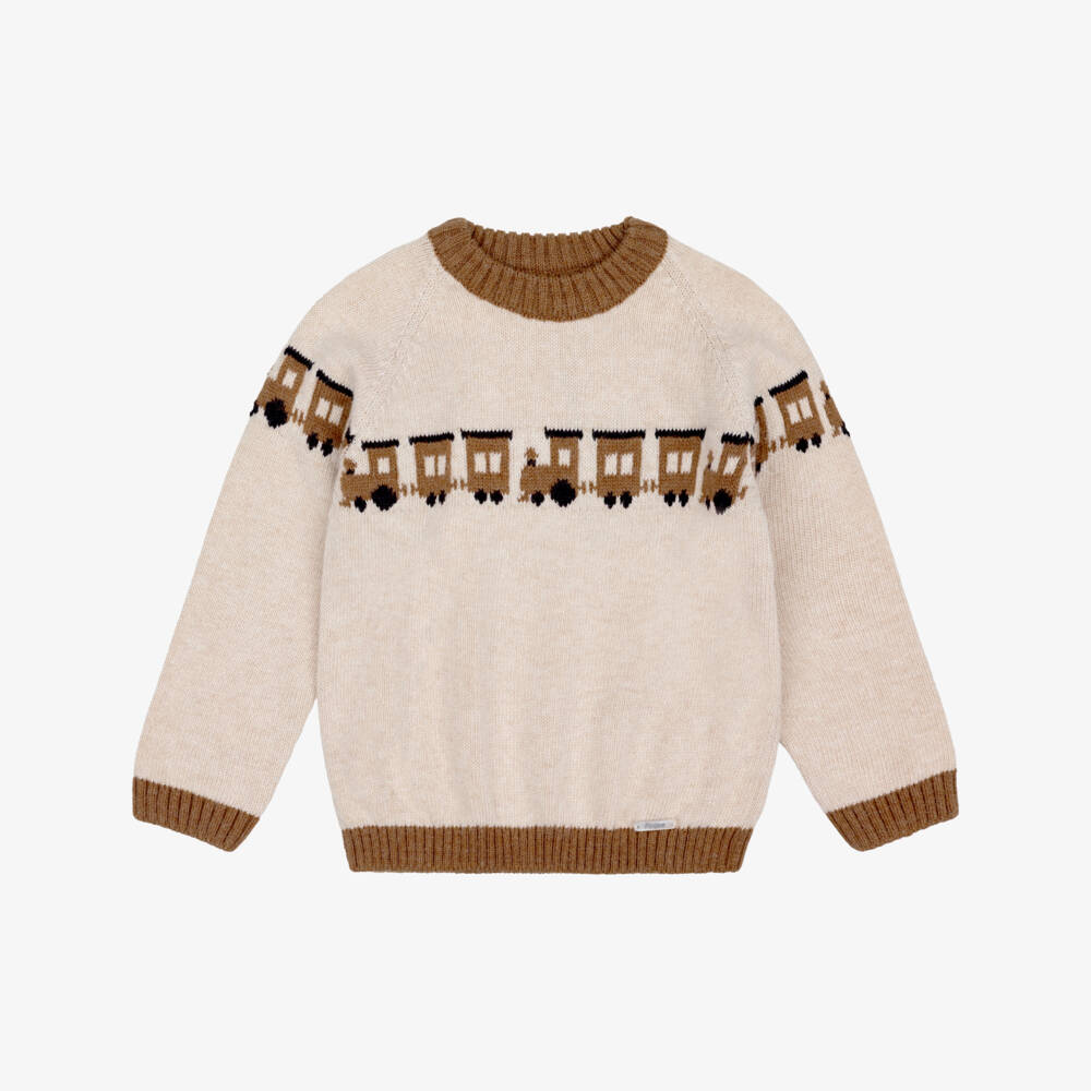 Foque-Boys Beige & Brown Knitted Train Sweater | Childrensalon