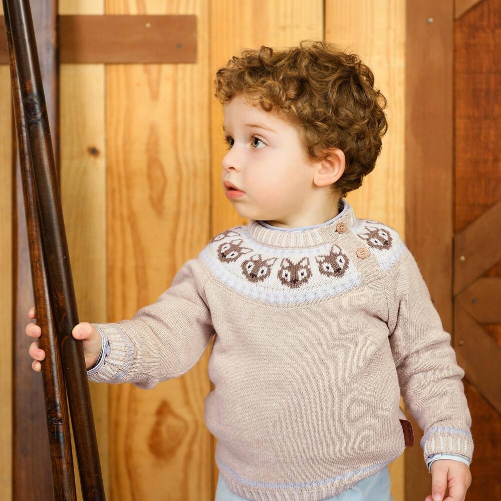 Foque-Boys Beige Fox Knit Sweater | Childrensalon