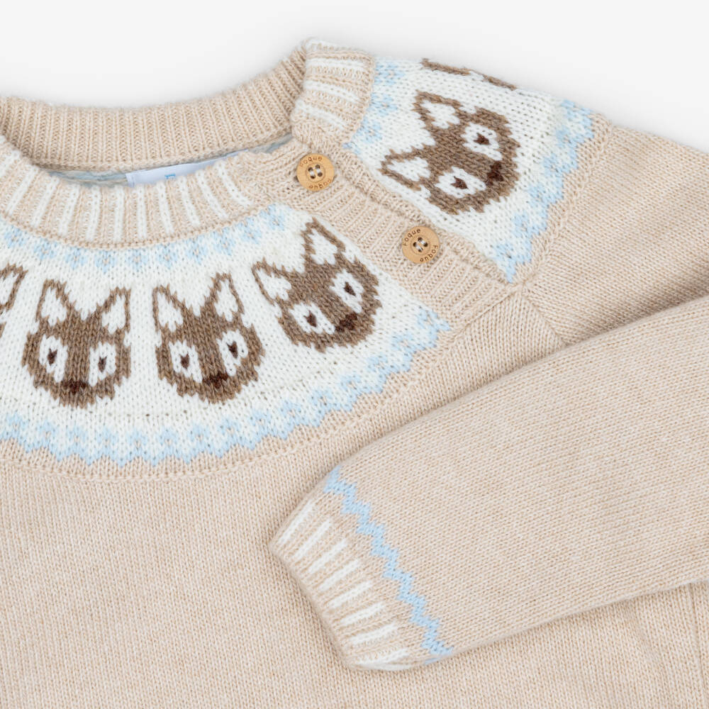 Foque-Boys Beige Fox Knit Sweater | Childrensalon