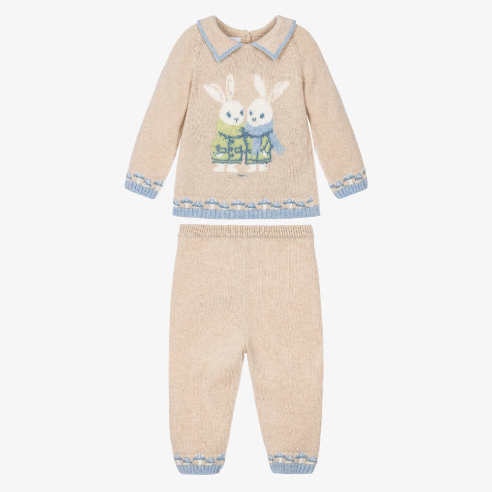 Foque-Boys Beige Knitted Trouser Set with Bunnies | Childrensalon