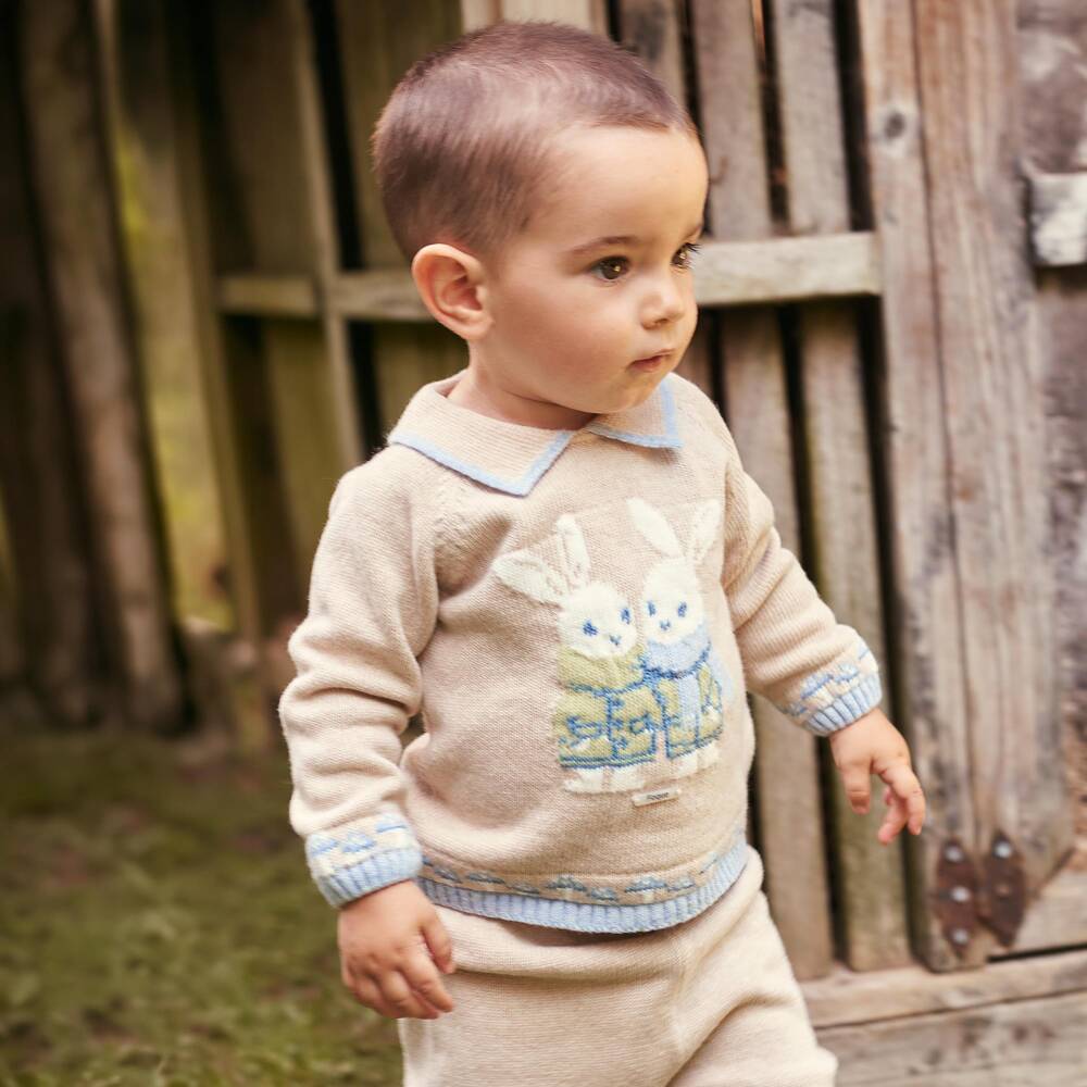 Foque-Boys Beige Knitted Trouser Set with Bunnies | Childrensalon