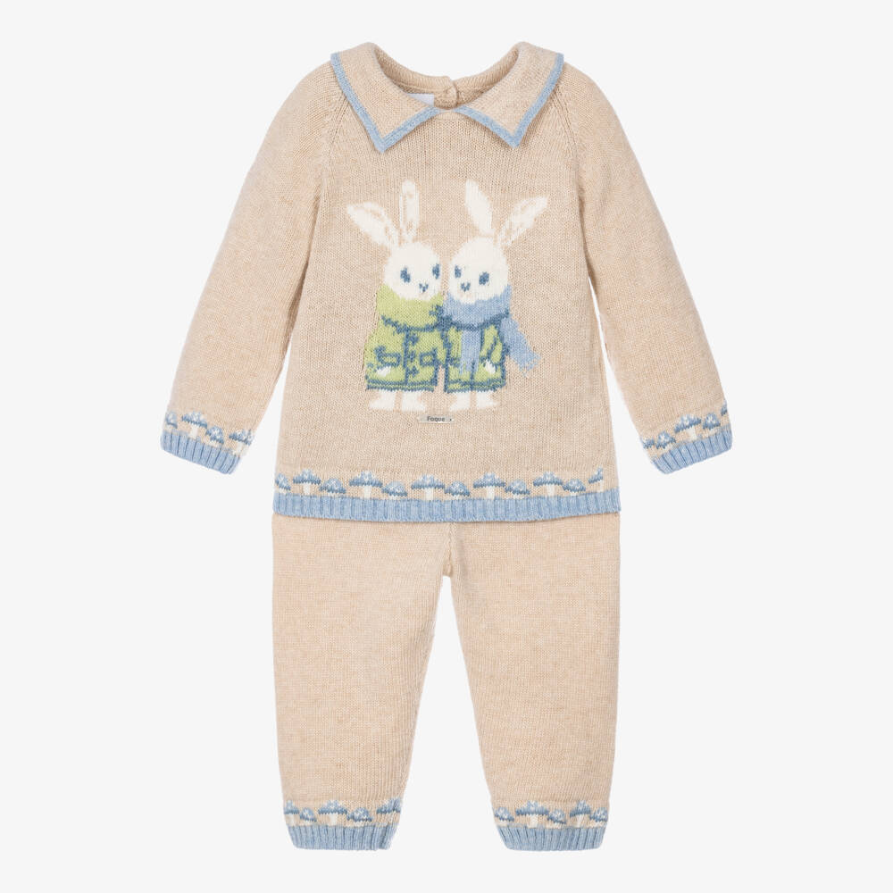 Foque-Boys Beige Knitted Trouser Set with Bunnies | Childrensalon