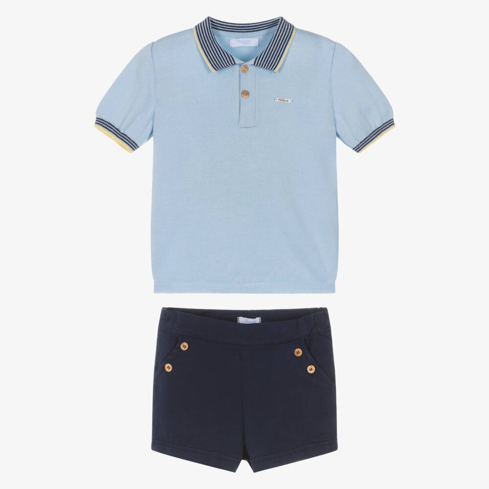 Foque-Boys Blue Knitted Polo & Twill Shorts Set | Childrensalon