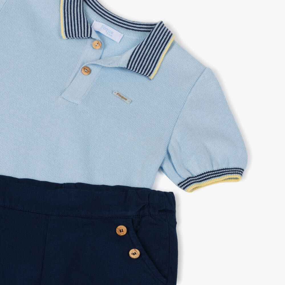 Foque-Boys Blue Knitted Polo & Twill Shorts Set | Childrensalon