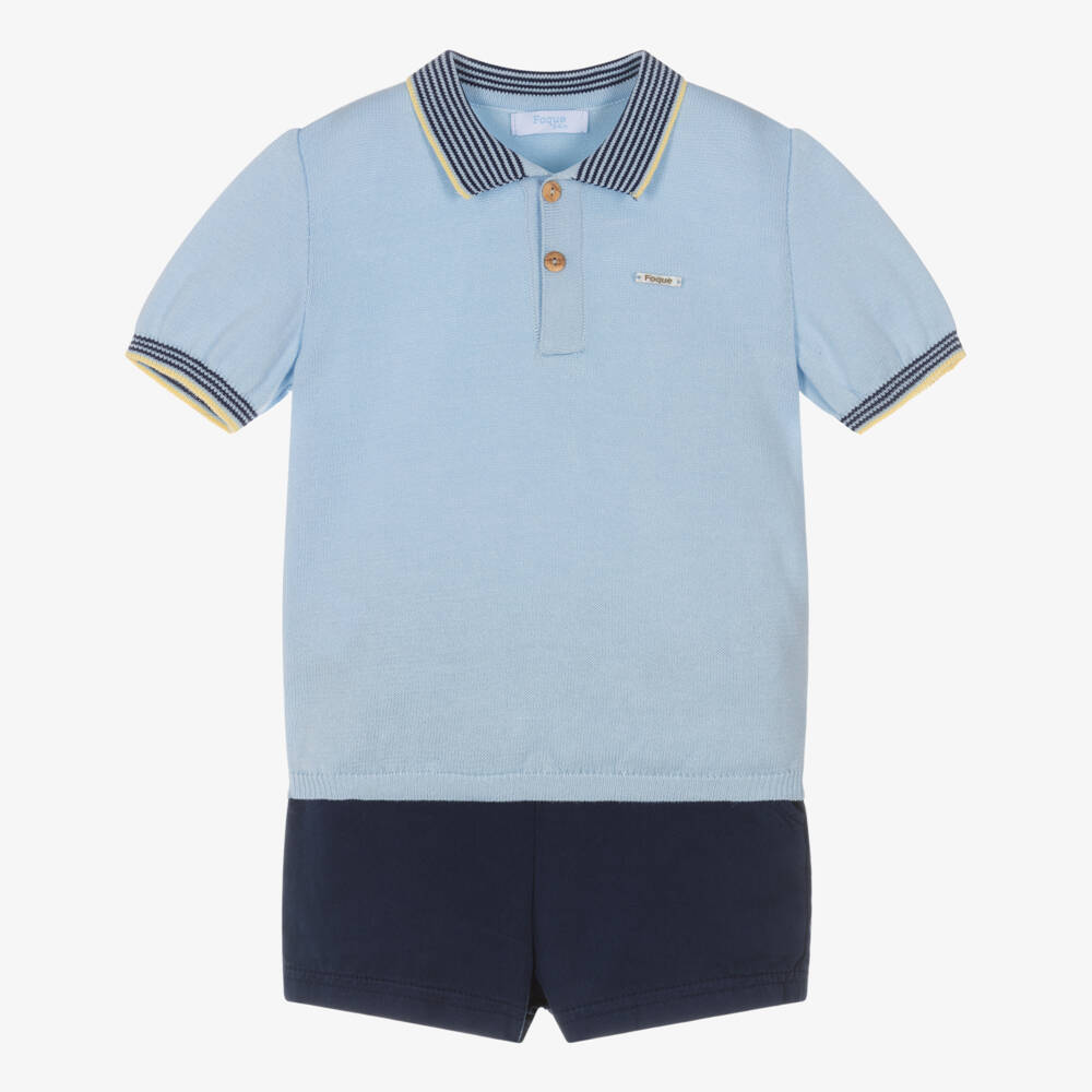 Foque-Boys Blue Knitted Polo & Twill Shorts Set | Childrensalon