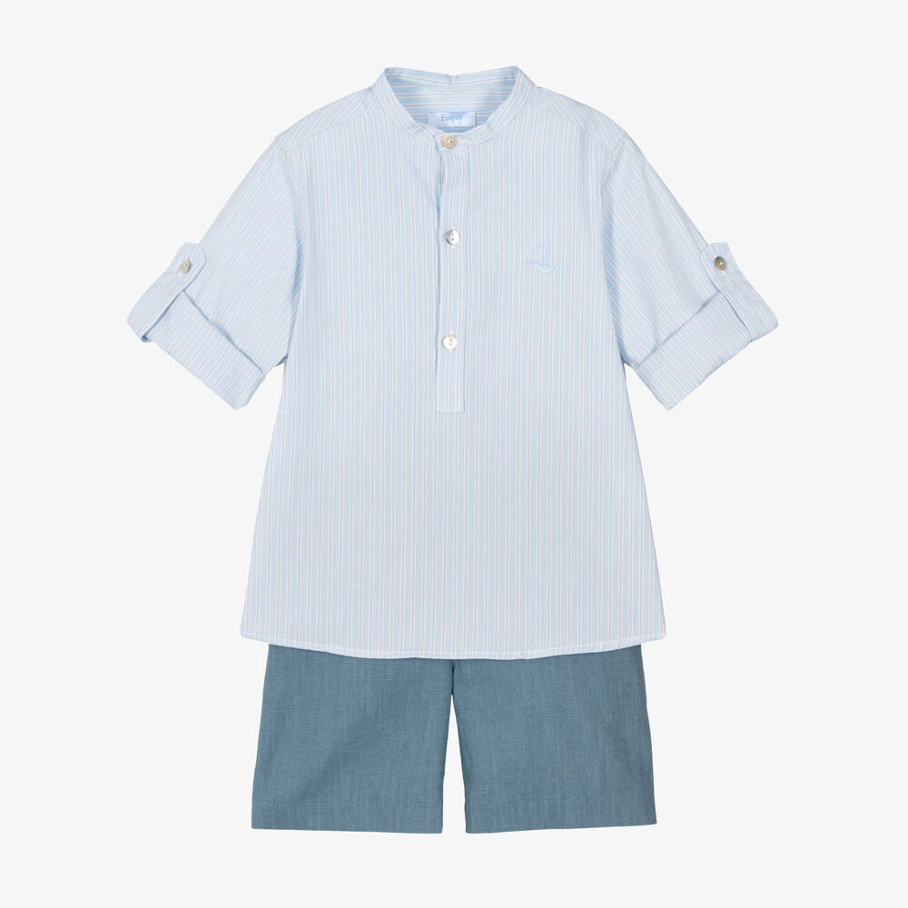 Foque-Boys Blue Striped Cotton & Linen Shorts Set | Childrensalon