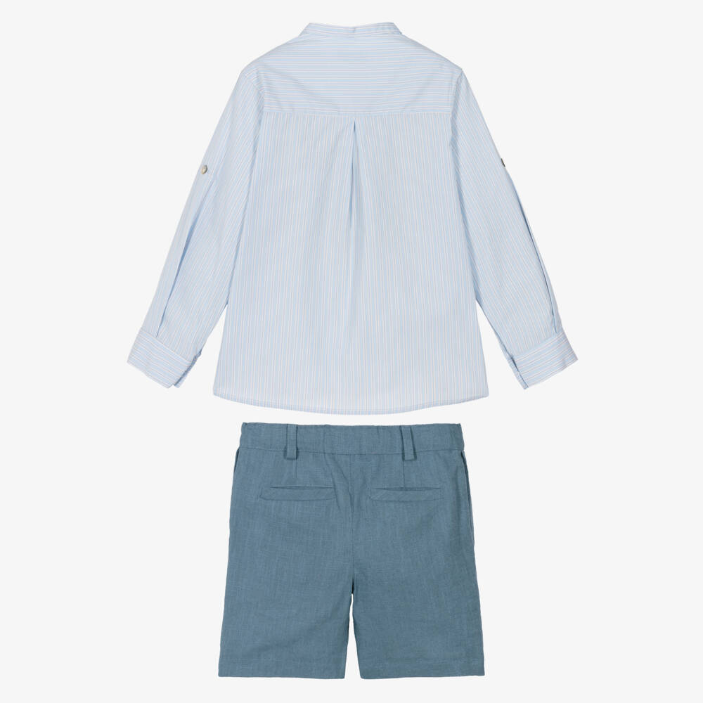 Foque-Boys Blue Striped Cotton & Linen Shorts Set | Childrensalon