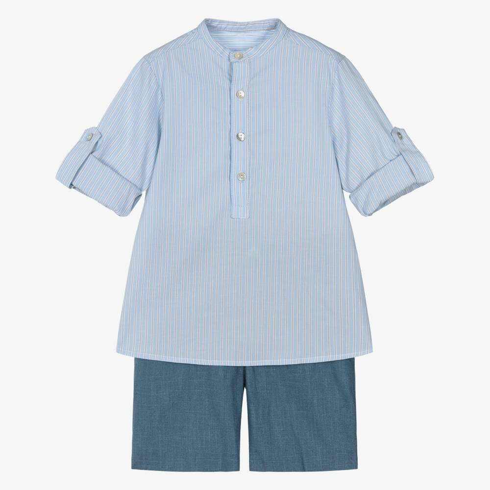 Foque-Boys Blue Striped Cotton & Linen Shorts Set | Childrensalon