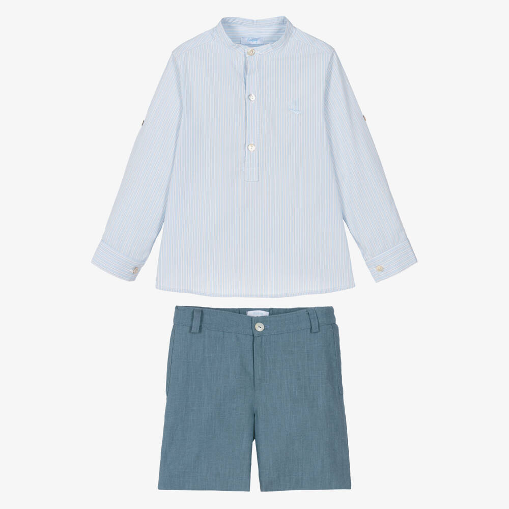Foque-Boys Blue Striped Cotton & Linen Shorts Set | Childrensalon