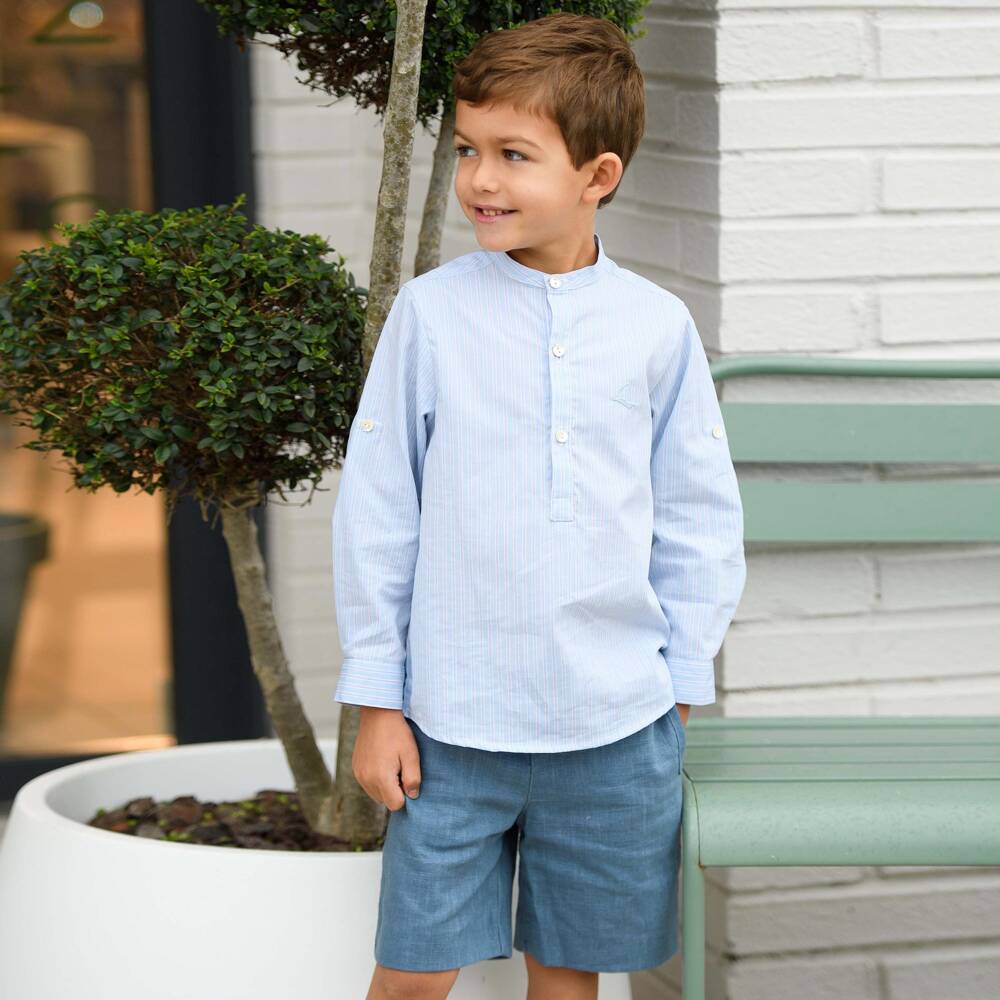Foque-Boys Blue Striped Cotton & Linen Shorts Set | Childrensalon