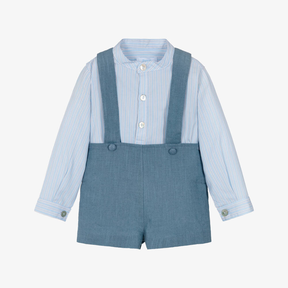 Foque-Boys Blue Striped Long Sleeved Shirt & Shorts Set | Childrensalon