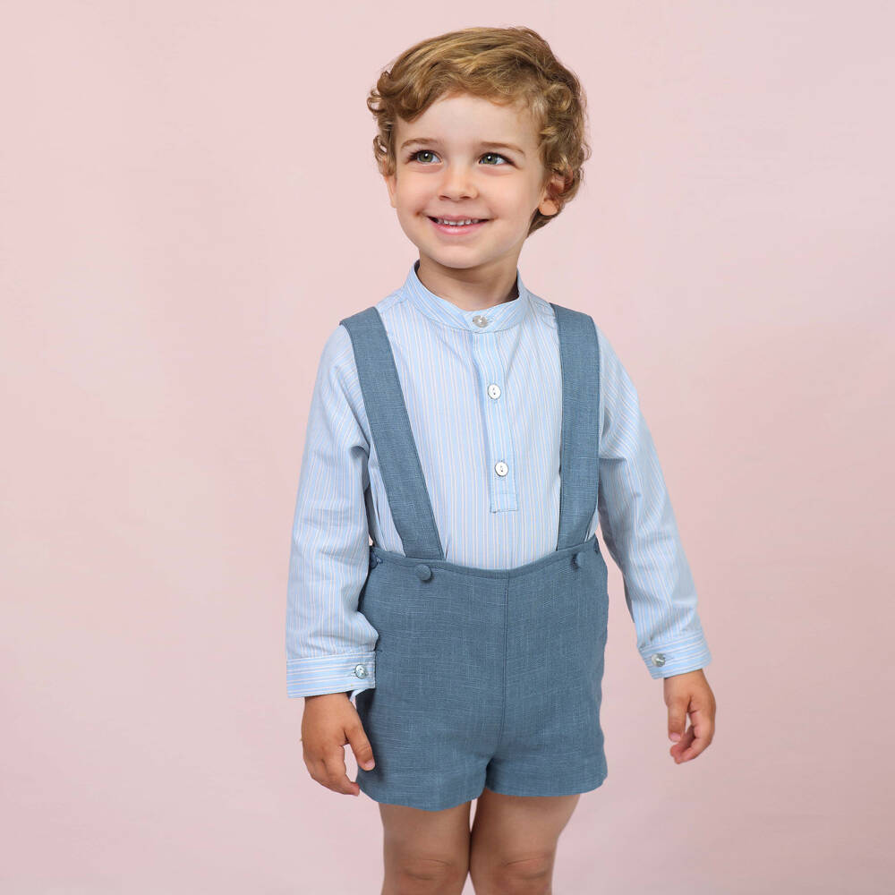 Foque-Boys Blue Striped Long Sleeved Shirt & Shorts Set | Childrensalon