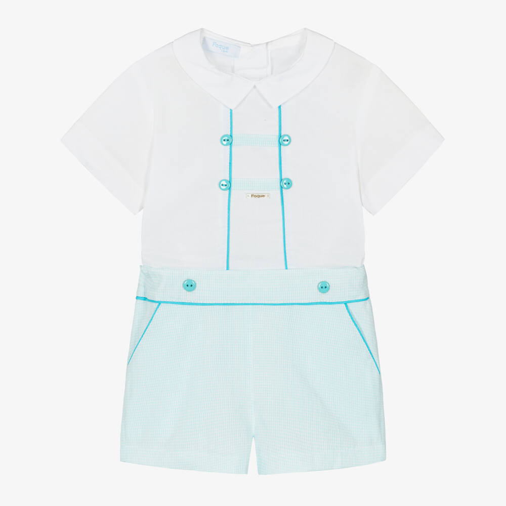 Foque-Boys Blue & White Gingham Check Shorts Set | Childrensalon