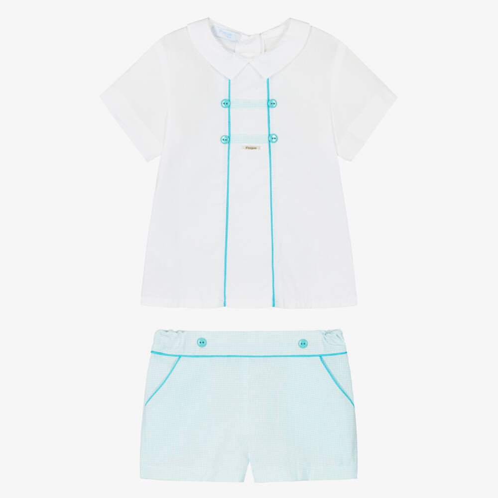 Foque-Boys Blue & White Gingham Check Shorts Set | Childrensalon