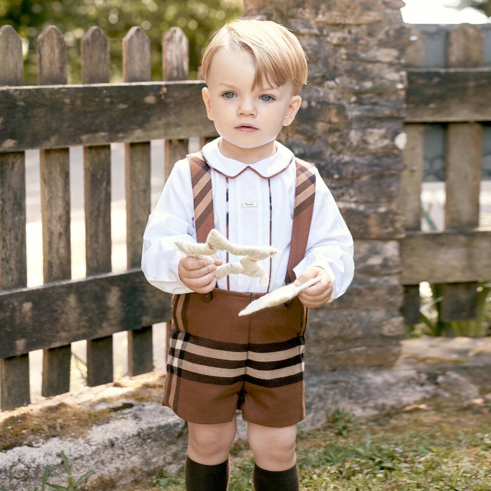 Foque-Boys Brown Check Dungaree Shorts Set | Childrensalon