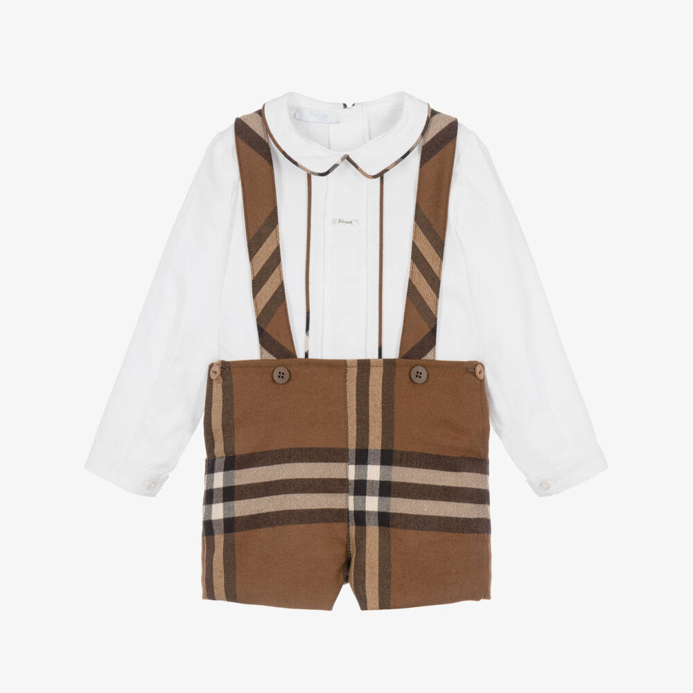 Foque-Boys Brown Check Dungaree Shorts Set | Childrensalon