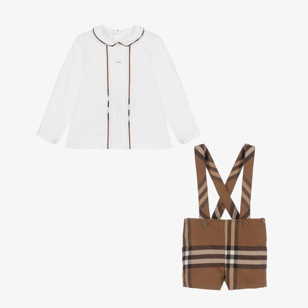 Foque-Boys Brown Check Dungaree Shorts Set | Childrensalon