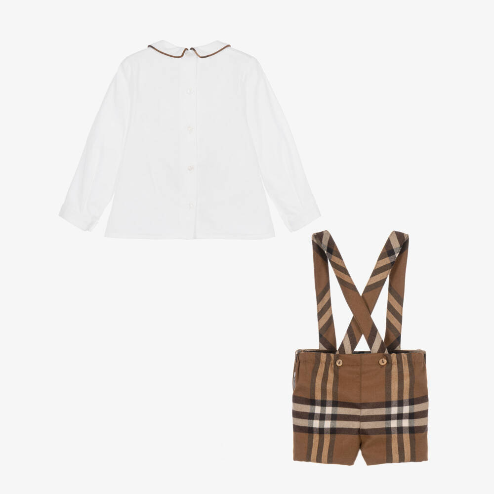 Foque-Boys Brown Check Dungaree Shorts Set | Childrensalon