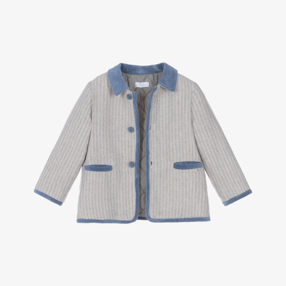 Foque-Boys Grey Herringbone Cotton Coat with Blue Velvet Trim | Childrensalon
