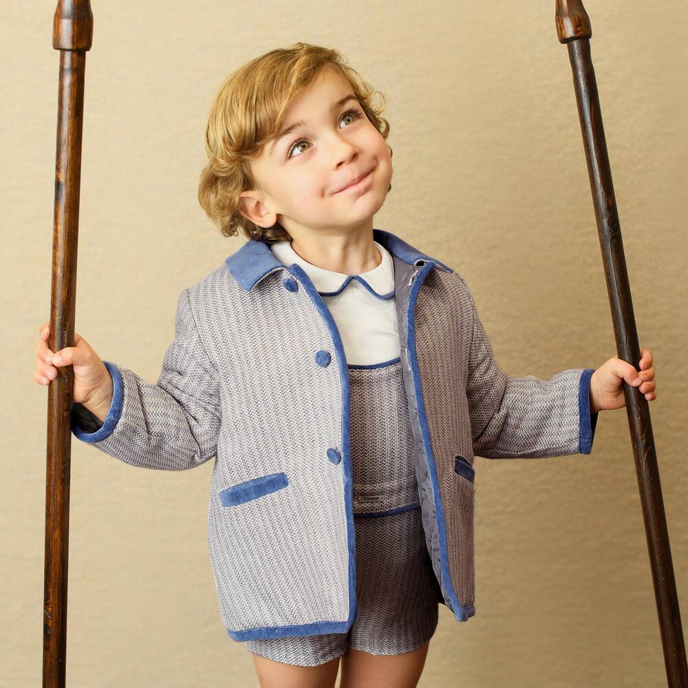 Foque-Boys Grey Herringbone Cotton Coat with Blue Velvet Trim | Childrensalon