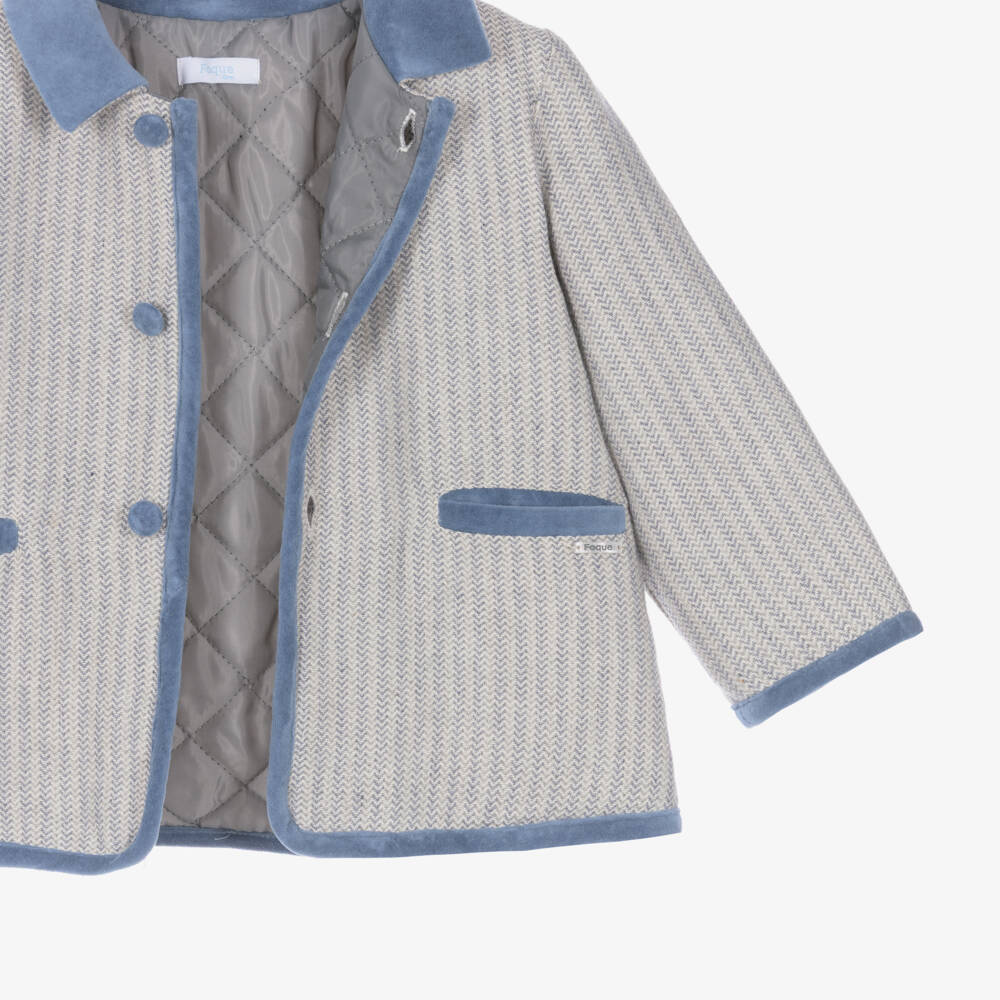 Foque-Boys Grey Herringbone Cotton Coat with Blue Velvet Trim | Childrensalon