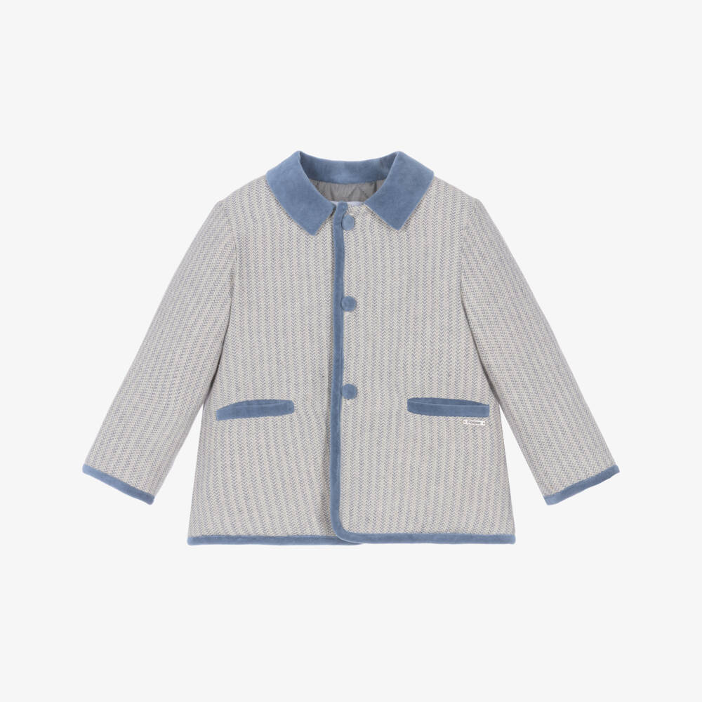 Foque-Boys Grey Herringbone Cotton Coat with Blue Velvet Trim | Childrensalon