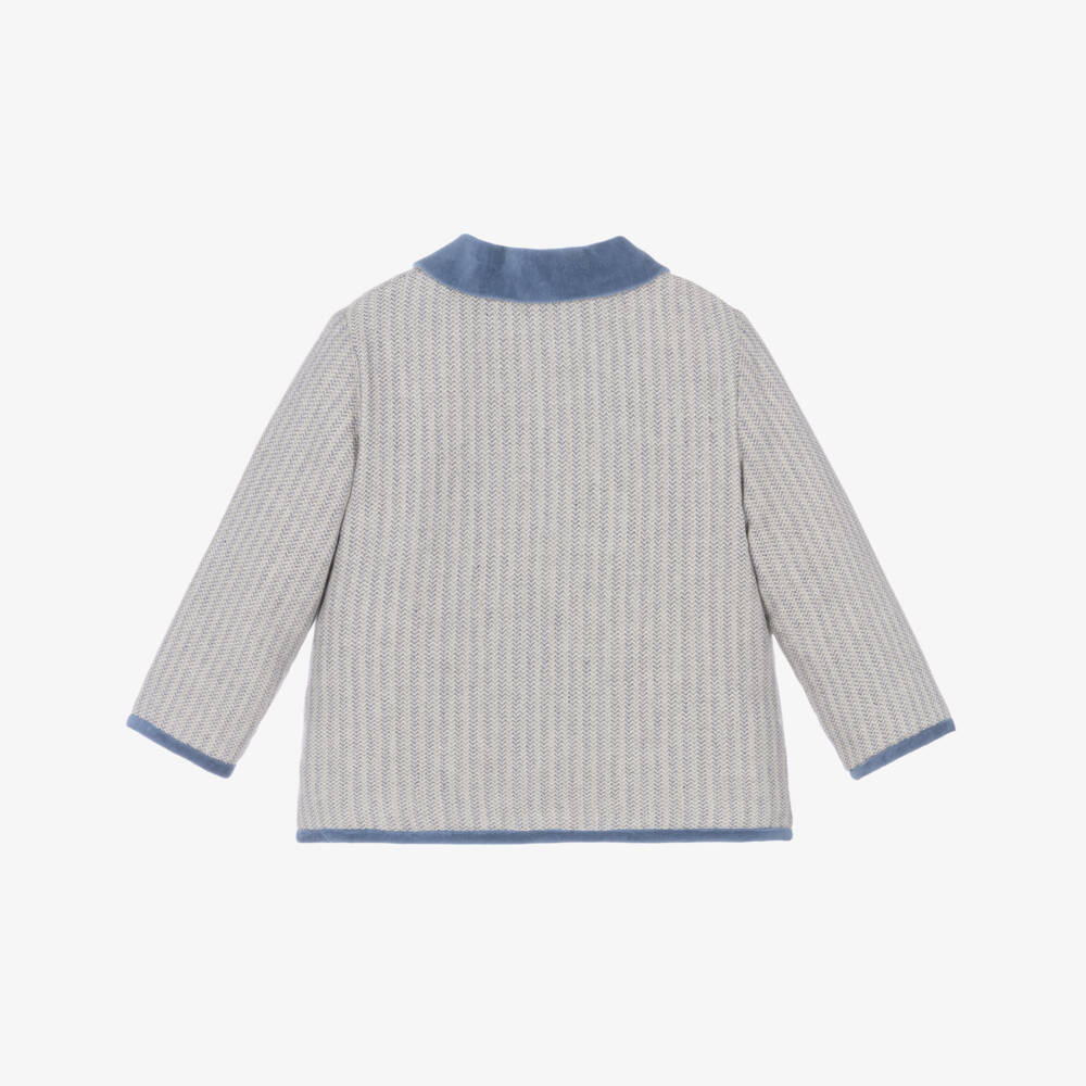 Foque-Boys Grey Herringbone Cotton Coat with Blue Velvet Trim | Childrensalon