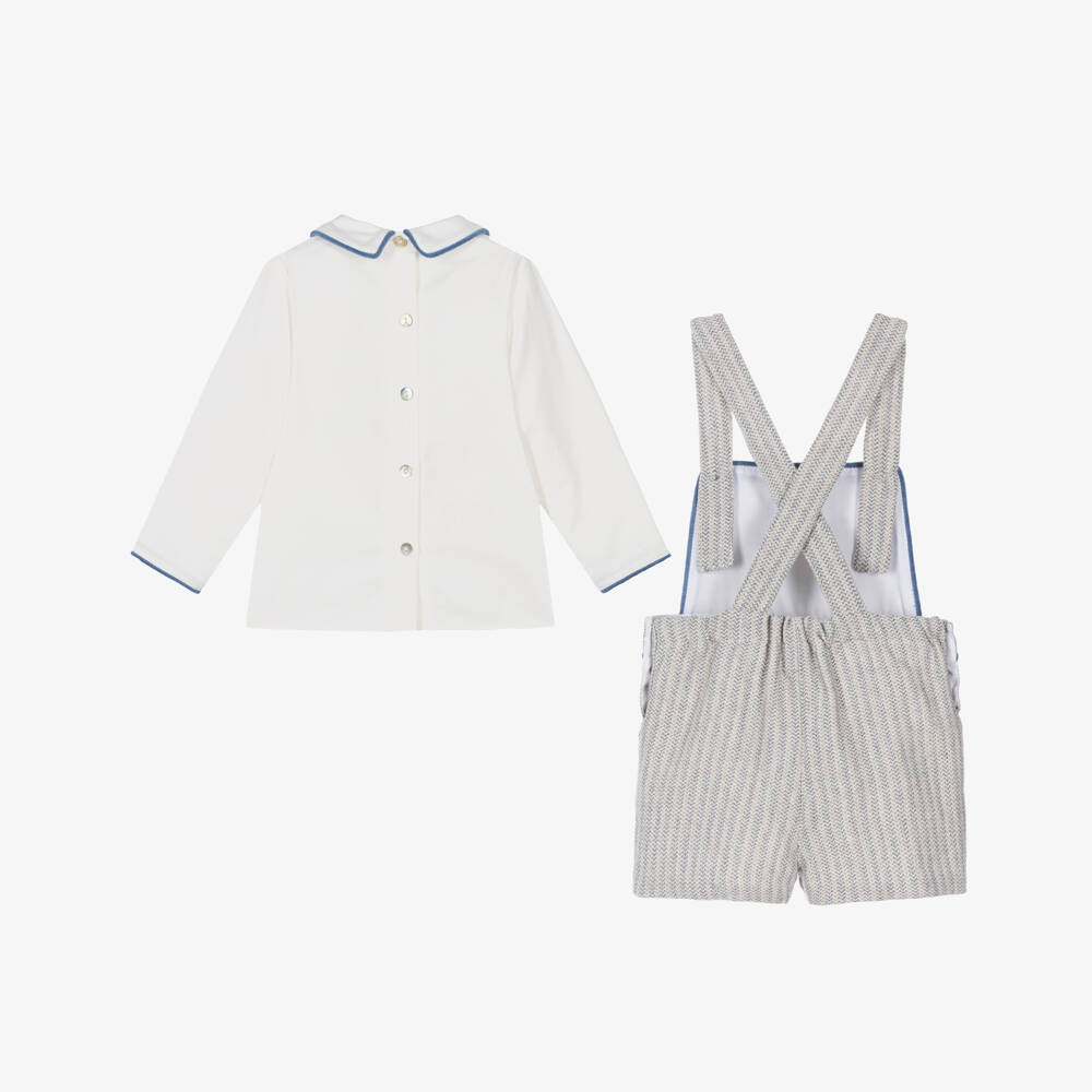 Foque-Boys Grey Herringbone Cotton Dungaree Shorts Set | Childrensalon